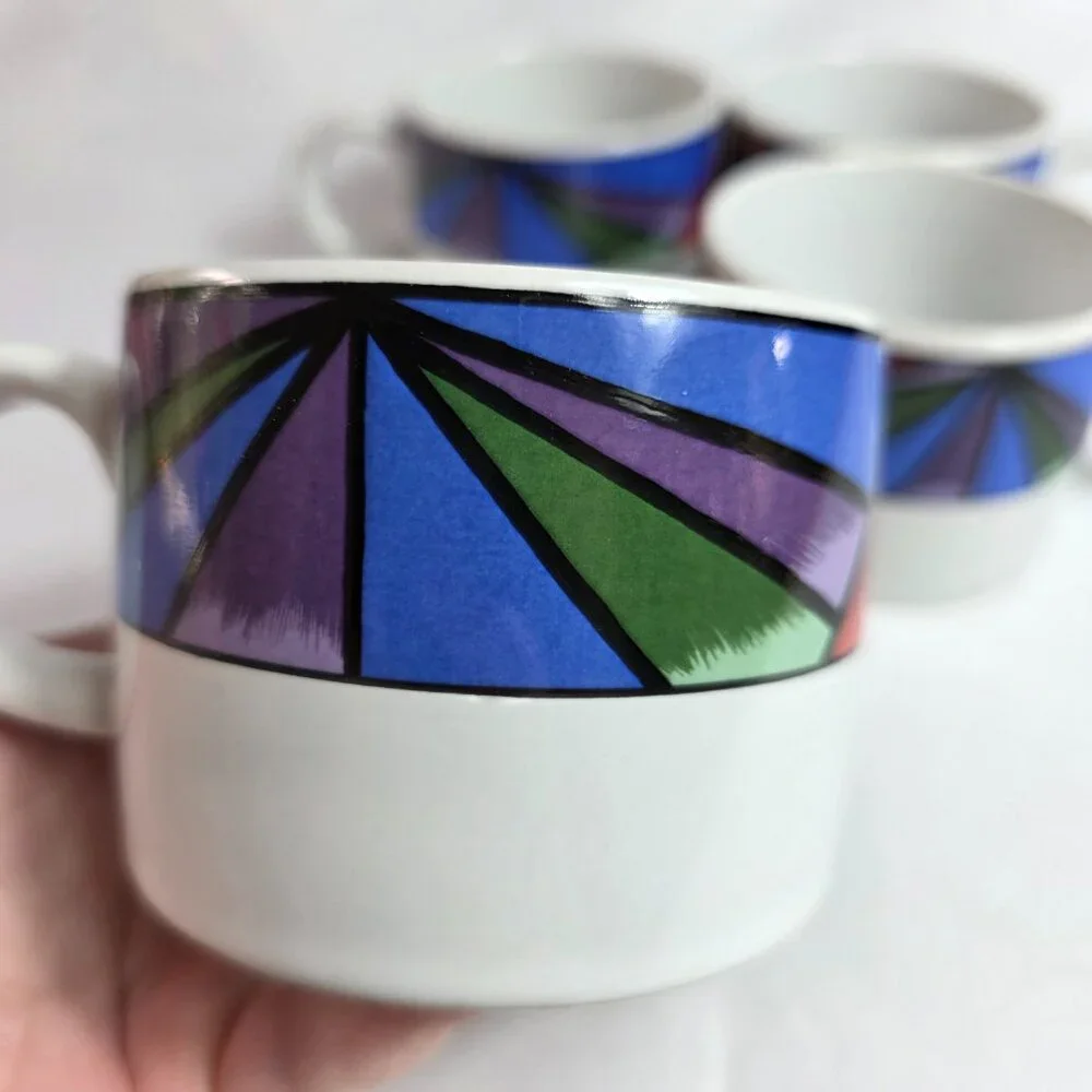 FOUR Sakura Sunset Mountain Flat Cups White with Multicolor Border
